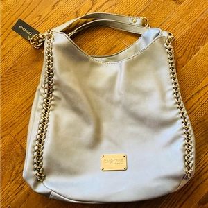 Bebe Silver Metallic Collette Triple Entry Bag, NWT